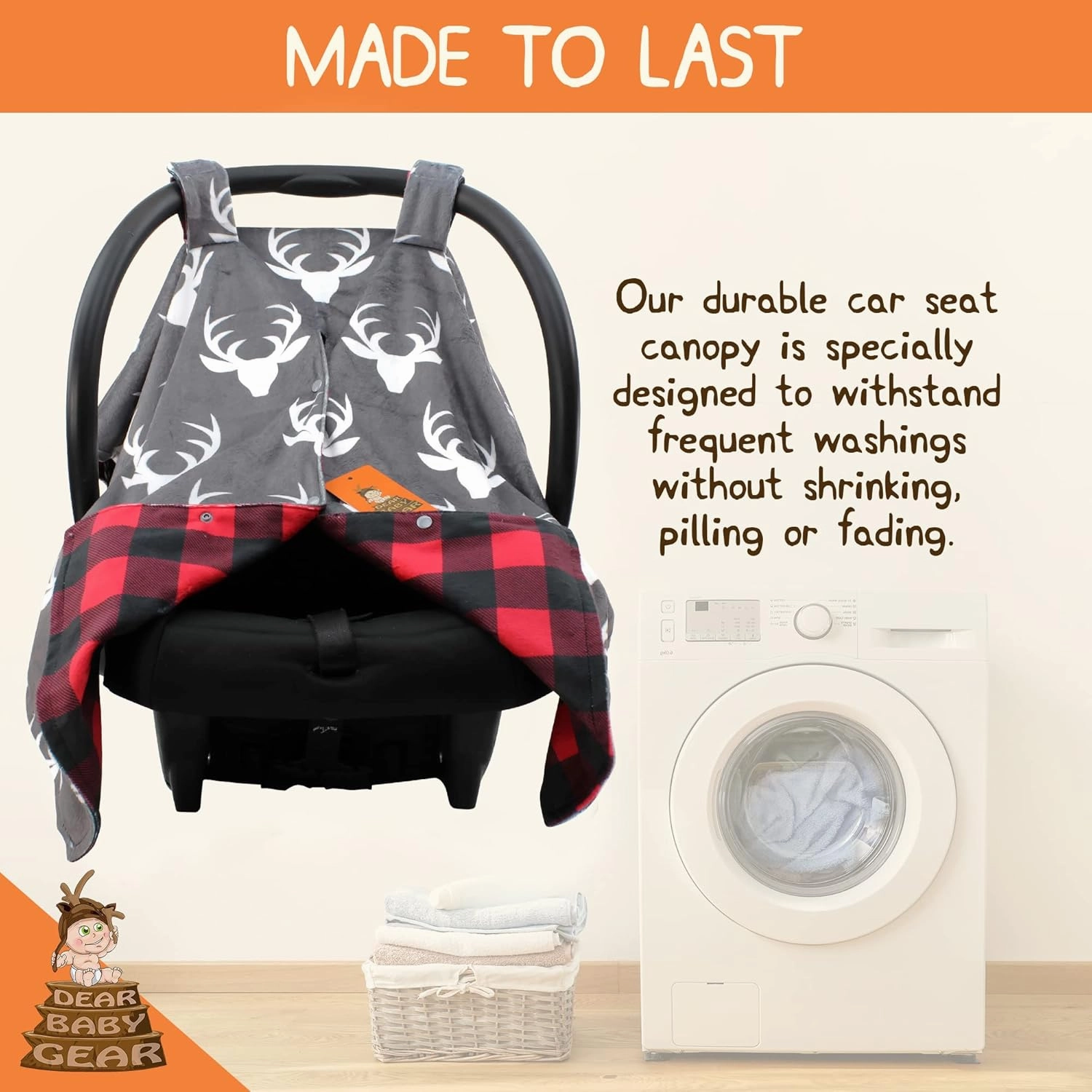 Dear Baby Gear Car Seat Cover for Boys & Girls - Baby Carseat Canopy w/Snap Opening - Infant Seat Cover - Nursing Covers - Newborn Carrier Canopy - 40x30 (White Antlers, Plaid Red & Black Buffalo)