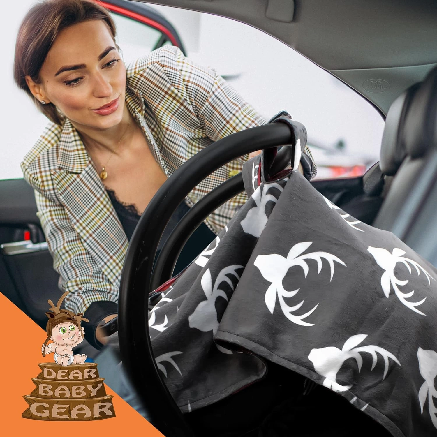 Dear Baby Gear Car Seat Cover for Boys & Girls - Baby Carseat Canopy w/Snap Opening - Infant Seat Cover - Nursing Covers - Newborn Carrier Canopy - 40x30 (White Antlers, Plaid Red & Black Buffalo)