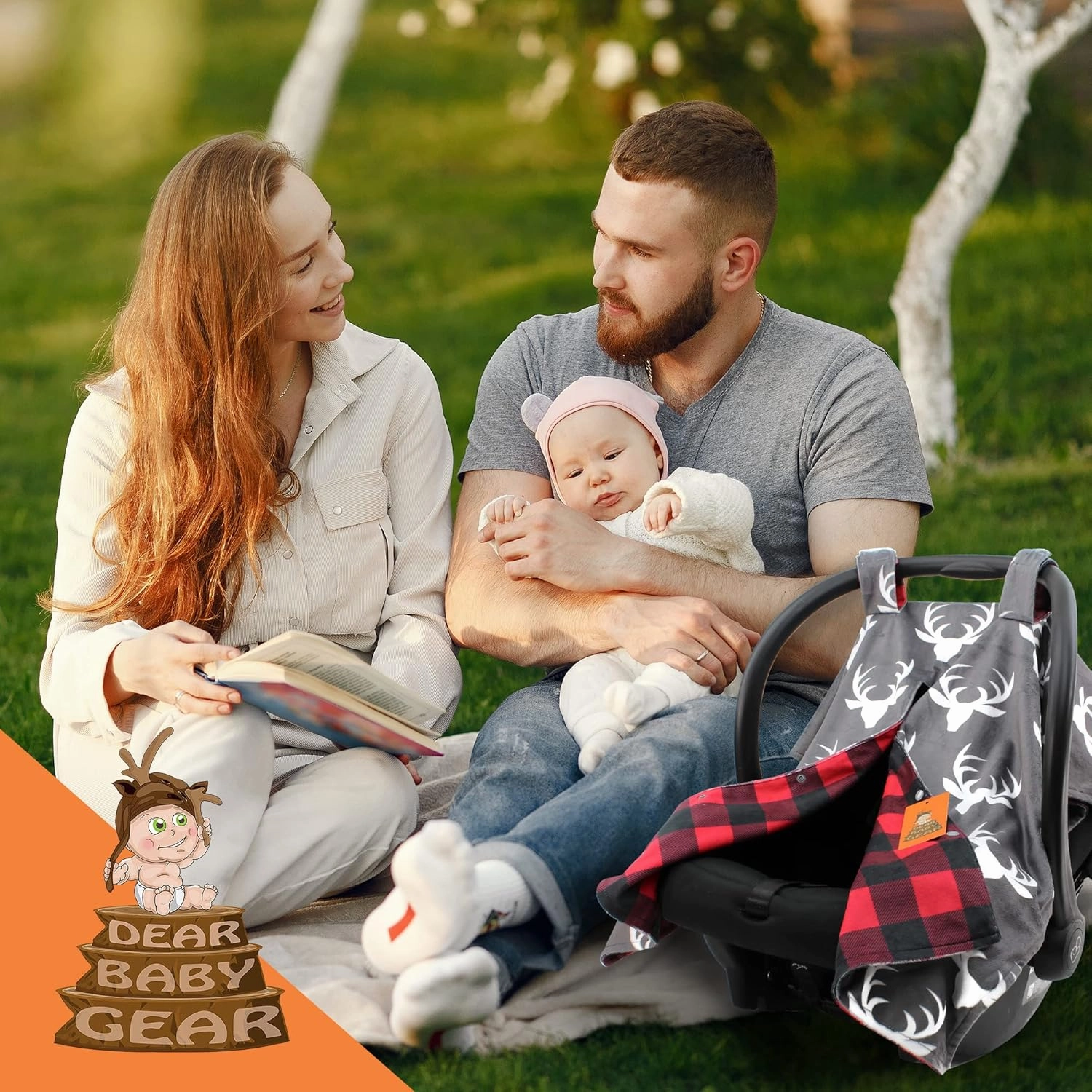 Dear Baby Gear Car Seat Cover for Boys & Girls - Baby Carseat Canopy w/Snap Opening - Infant Seat Cover - Nursing Covers - Newborn Carrier Canopy - 40x30 (White Antlers, Plaid Red & Black Buffalo)