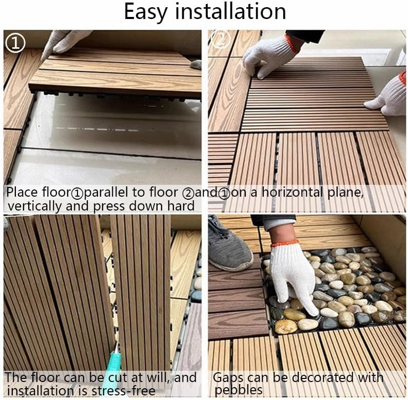 Decking Tiles, Wood Plastic Composite Interlocking Flooring, Waterproof Solid Flooring Tiles for Patio Garden Poolside, All Weather Use(Brown-C,11.8x11.8IN/3PCS)