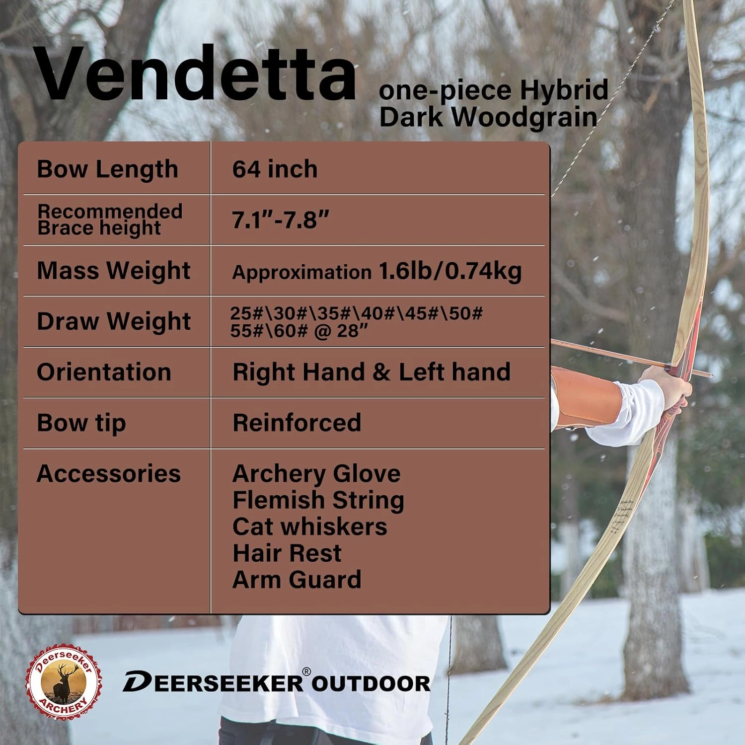 Deerseeker Archery 64" Reflex Deflex Hybrid One-Piece Traditional Long Bow with Laminated Bamboo & Clear Fiberglass Limbs Right Hand/Left Hand for Adults Hunting Bow Shooting 25-60lbs