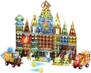 Deluxe Quality Magnetic Tiles Building Set with Attractive Reflective Pattern, LED Lights, Marble Run, and Cars - STEM Educational Toy for Creative Kids Girls Boys 3  (147 pcs Big Castle with 2 Cars)