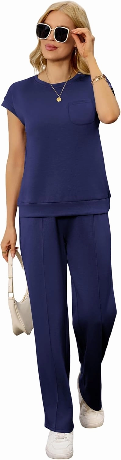 difficort Lounge Sets for Women 2 Piece Outfits Summer Casual Tracksuit Wide Leg Long Pants Vacation Travel Matching Set