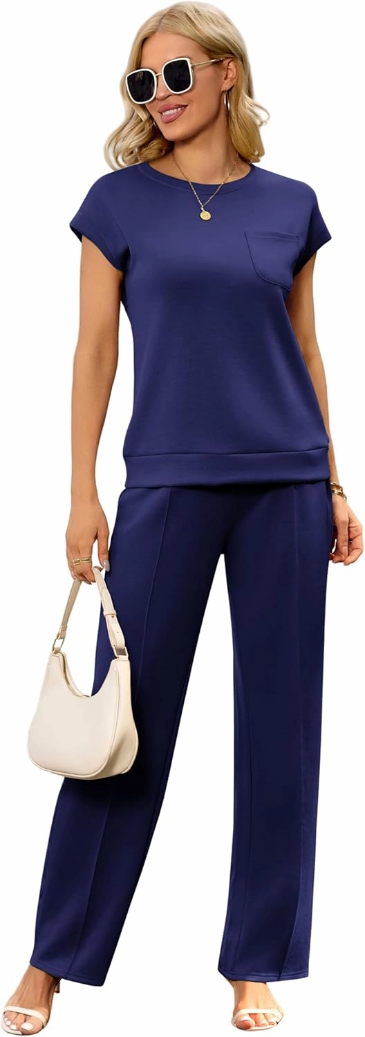 difficort Lounge Sets for Women 2 Piece Outfits Summer Casual Tracksuit Wide Leg Long Pants Vacation Travel Matching Set