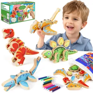 Dinosaur Wooden Toys,Snap on Dino Together Building Blocks,Take Apart Playset, STEM Montessori Educational Fine Motor Skill Learning Birthday Gift for 3 4 5 6  Years Old Boy Girl Kids