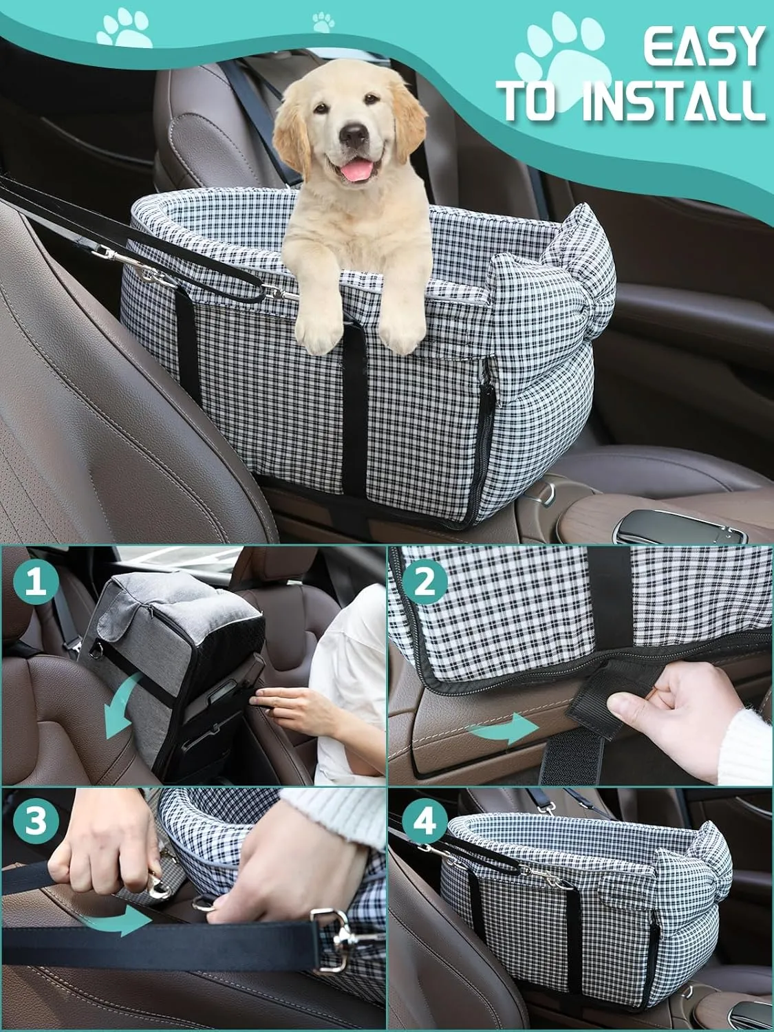 Dog Car Seat for Small Dogs, Anti-Collapse Pet Seat with Soft Cushion Safety Belt, Fits Dogs & Cats Under 15 lbs (Grid-Black)