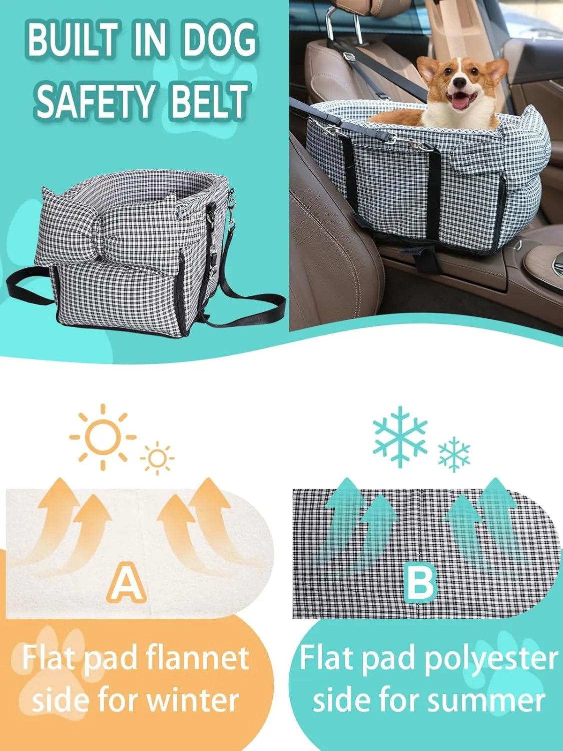 Dog Car Seat for Small Dogs, Anti-Collapse Pet Seat with Soft Cushion Safety Belt, Fits Dogs & Cats Under 15 lbs (Grid-Black)