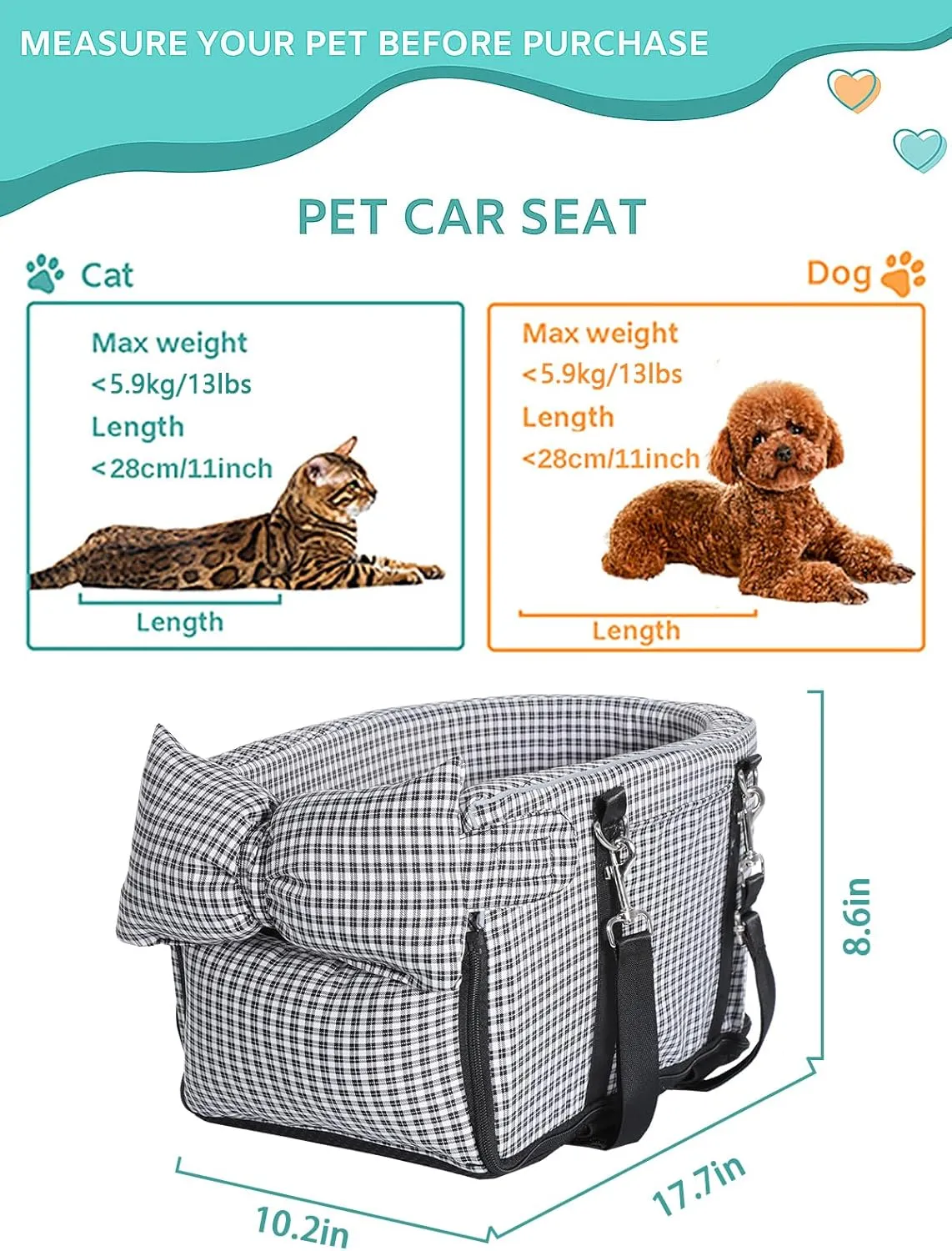 Dog Car Seat for Small Dogs, Anti-Collapse Pet Seat with Soft Cushion Safety Belt, Fits Dogs & Cats Under 15 lbs (Grid-Black)