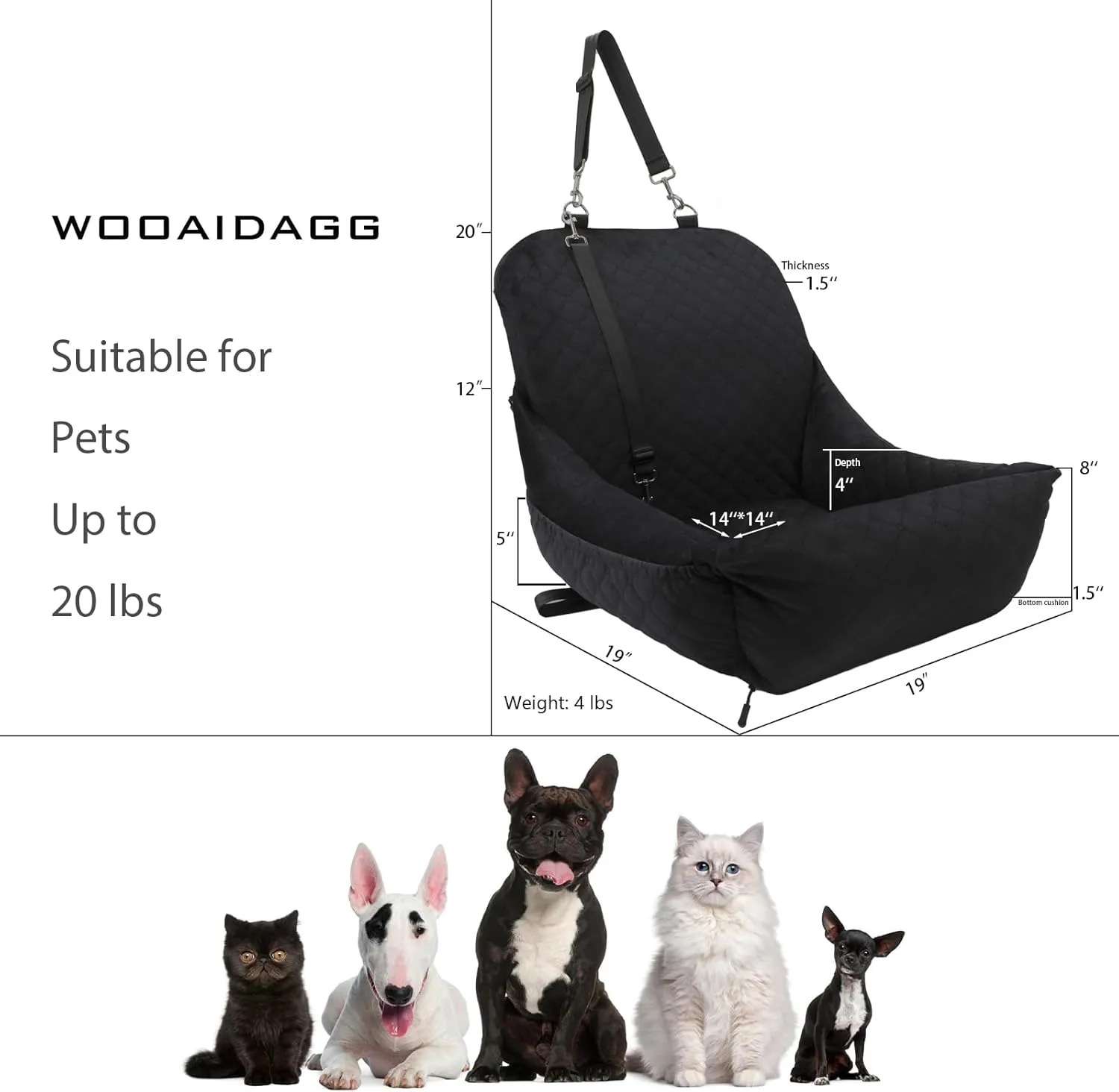 Dog Car Seat,Easy to Install,Fully Detachable and Washable,2 Clip-On Safety Leashes and Storage Pockets,Covered Comfy Fabric & Fill in Memory Foam(Black)