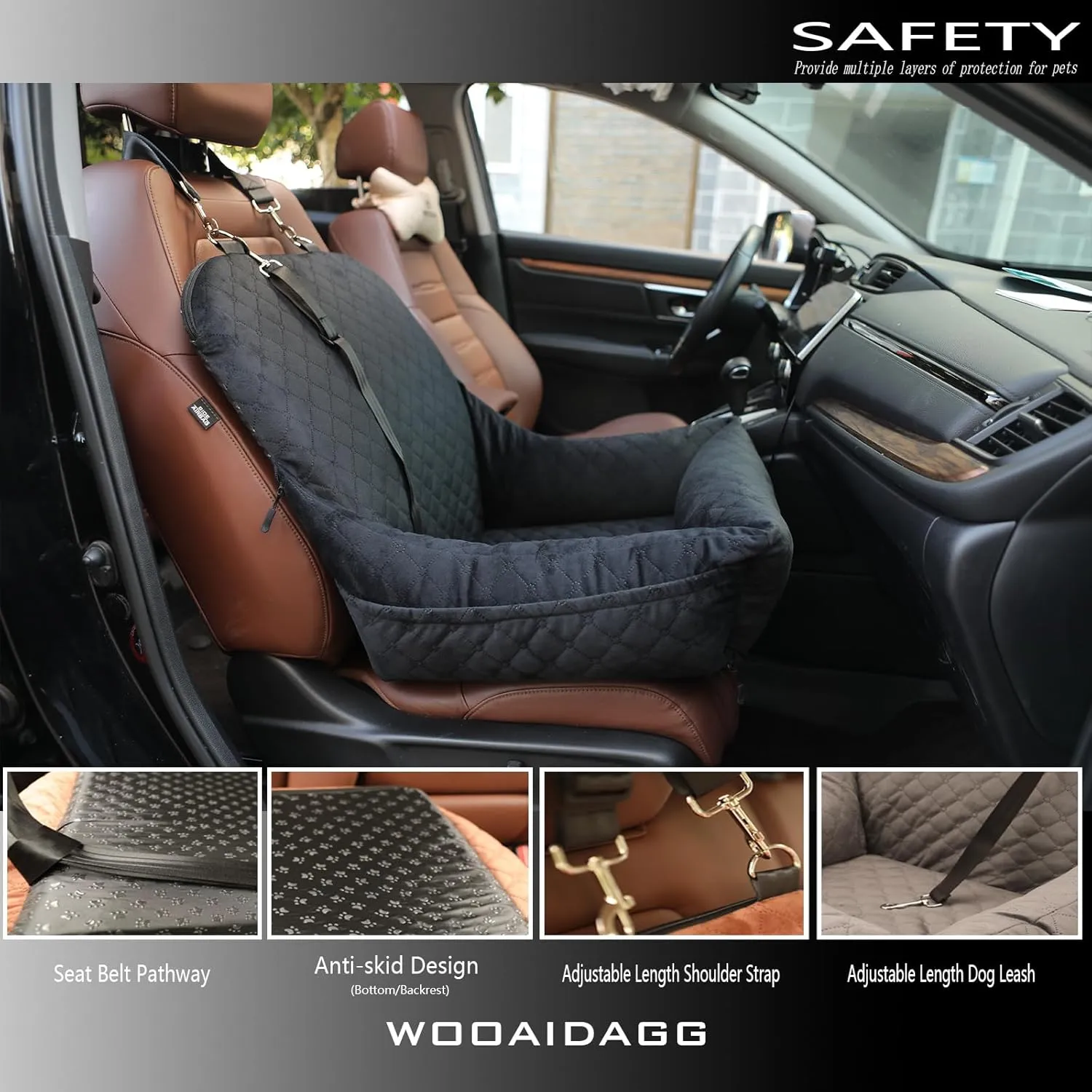Dog Car Seat,Easy to Install,Fully Detachable and Washable,2 Clip-On Safety Leashes and Storage Pockets,Covered Comfy Fabric & Fill in Memory Foam(Black)