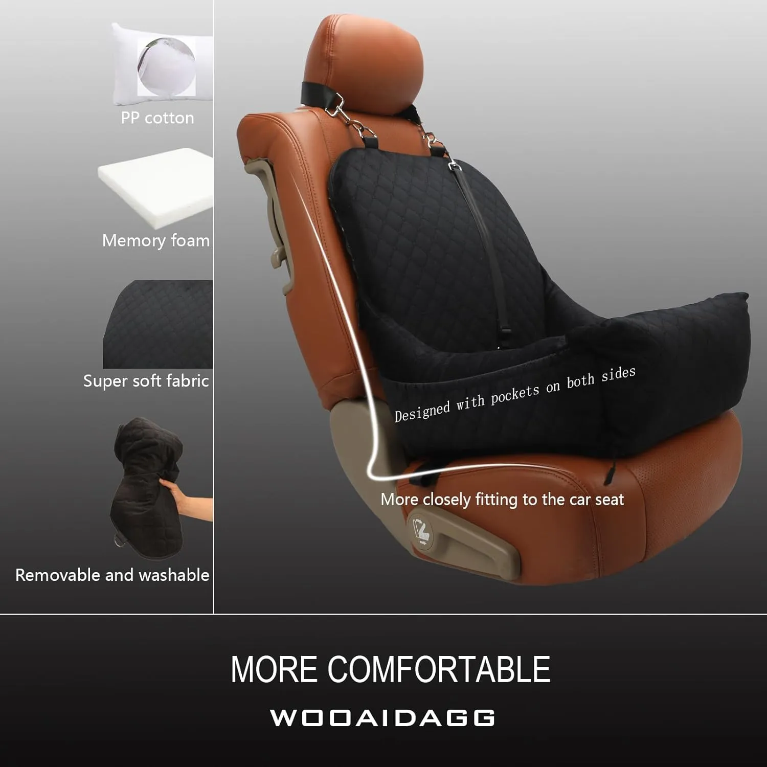 Dog Car Seat,Easy to Install,Fully Detachable and Washable,2 Clip-On Safety Leashes and Storage Pockets,Covered Comfy Fabric & Fill in Memory Foam(Black)