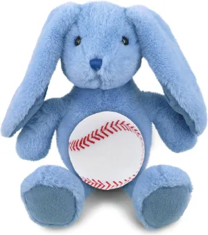 DolliBu Baby Blue Rabbit Stuffed Animal with Baseball Plush - Huggable Farm Life Stuffed Rabbit with Plush Baseball Toy Gift for Kids and Adults - 8 Inches