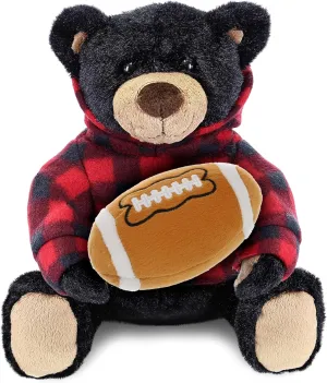 DolliBu Black Bear Stuffed Animal with Football Plush – Super Soft Huggable Bear with Red Plaid Hoodie, Plush Toy Wildlife Gift for Kids and Adults - 10 Inches