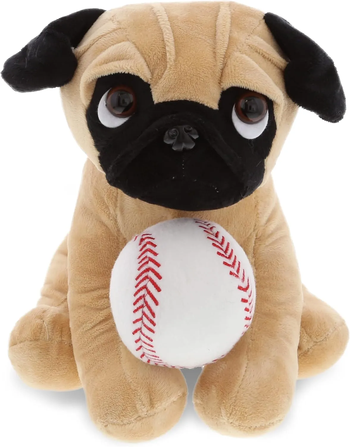 DolliBu Pug Dog Stuffed Animal with Baseball Plush - Soft, Huggable Pug Dog, Great Gifts for Kids Who Love Baseball, Cute Pet Life Animal Plush with Plush Baseball Toy for Kids, Adults - 10 Inches