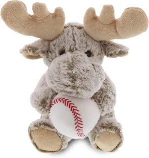DolliBu Sitting Moose Stuffed Animal with Baseball Plush - Soft Plush Huggable Moose, Adorable Playtime Plush Toy, Cute Wildlife Gift for Kids and Adults - 11 Inch