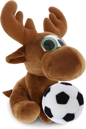 DolliBu Sparkle Eyes Moose Stuffed Animal with Soccer Ball Plush - Soft Huggable Moose, Adorable Playtime Plush Toy, Cute Wildlife Gift, Super Soft Plush Doll Animal Toy for Kids, Adults - 6.5 Inches