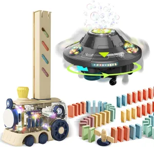 Domino Train Toy Kids Games 80Pcs Automatic Dominoes Building Set STEM Montessori Stacking Toys and Bubble Machine for Kids - Automatic Bubble Maker with Light & Music, Auto Rotating 360°UFO Bubble To