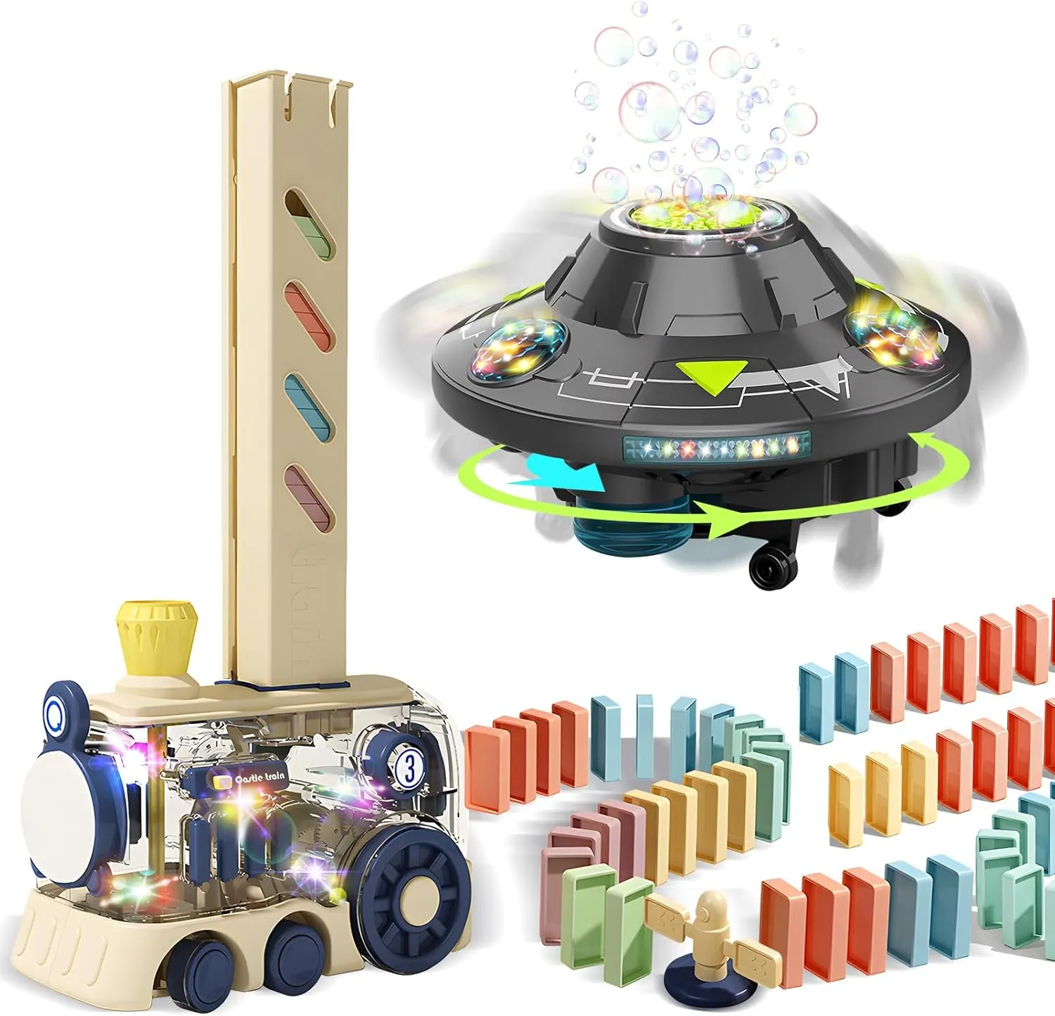 Domino Train Toy Kids Games 80Pcs Automatic Dominoes Building Set STEM Montessori Stacking Toys and Bubble Machine for Kids - Automatic Bubble Maker with Light & Music, Auto Rotating 360°UFO Bubble To