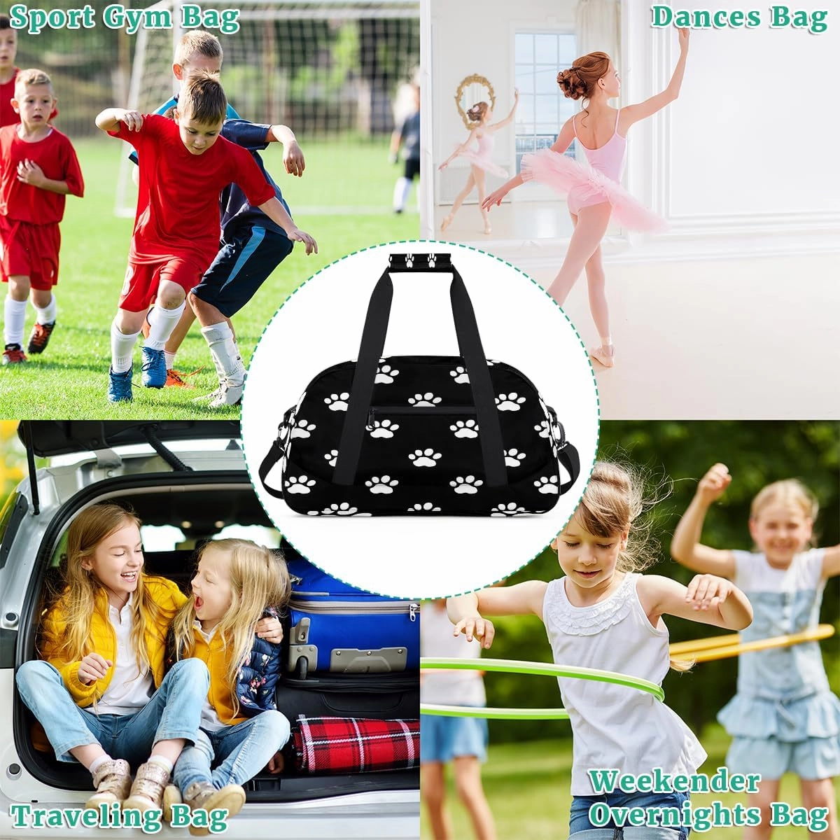 Doodle Paw Prints Kids Overnighter Duffel Bags for Boys, Carry-On Size Sports Gym Bag with Front Zipper Pocket for School Practice or Overnight Travel Weekender Sleepover Tote Bag