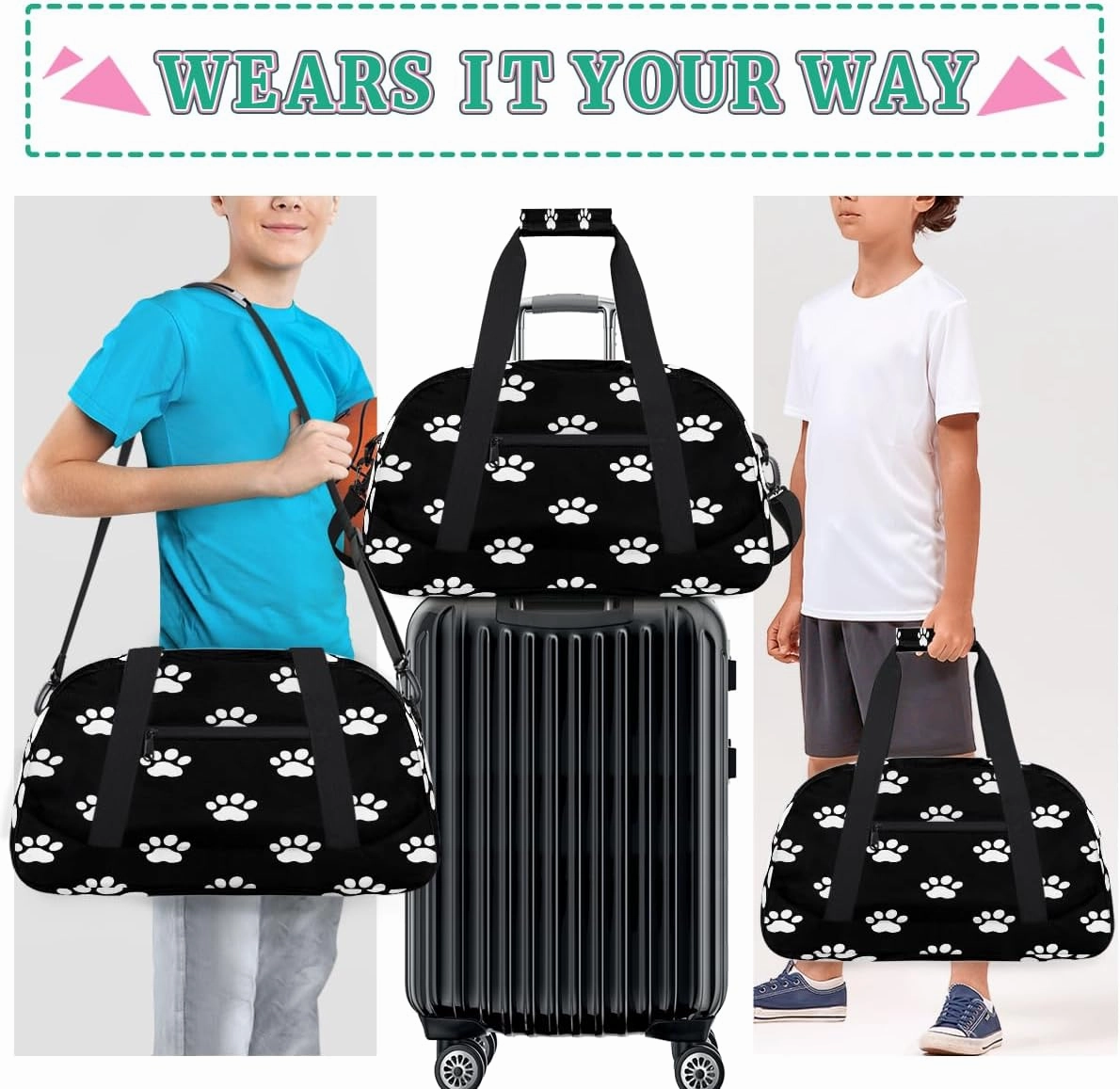 Doodle Paw Prints Kids Overnighter Duffel Bags for Boys, Carry-On Size Sports Gym Bag with Front Zipper Pocket for School Practice or Overnight Travel Weekender Sleepover Tote Bag