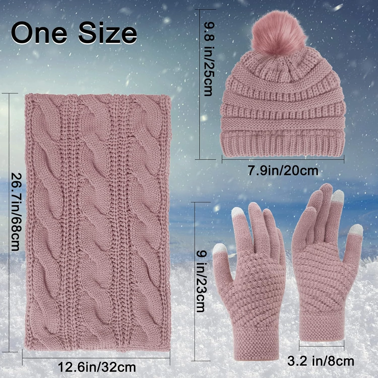 Double Couple 3pcs Winter Beanie Hat Scarf and Touch Screen Gloves Set for Women Knit Hat with Faux Fur Ball Scarves Glove