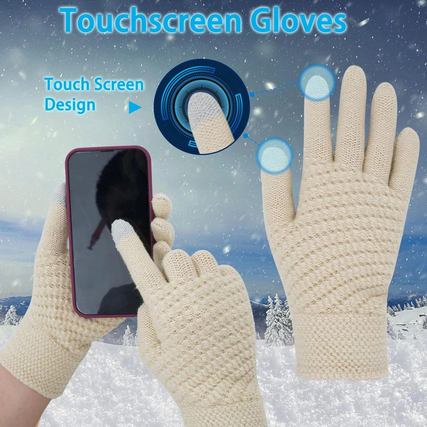 Double Couple 3pcs Winter Beanie Hat Scarf and Touch Screen Gloves Set for Women Knit Hat with Faux Fur Ball Scarves Glove