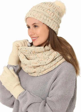 Double Couple 3pcs Winter Beanie Hat Scarf and Touch Screen Gloves Set for Women Knit Hat with Faux Fur Ball Scarves Glove