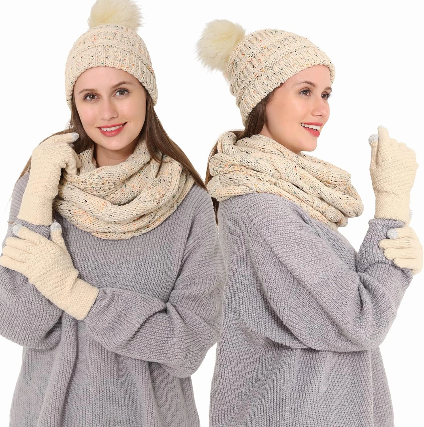 Double Couple 3pcs Winter Beanie Hat Scarf and Touch Screen Gloves Set for Women Knit Hat with Faux Fur Ball Scarves Glove