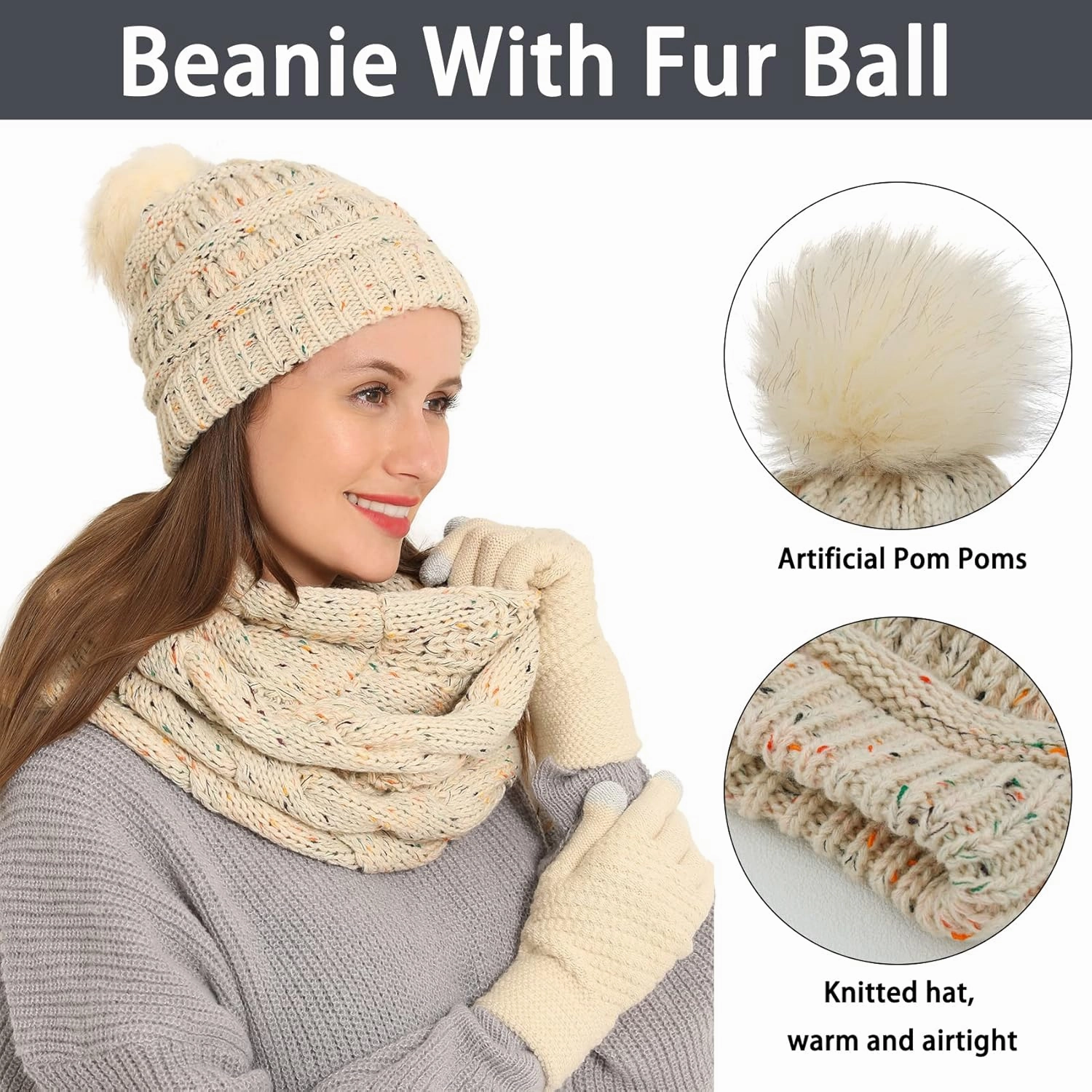 Double Couple 3pcs Winter Beanie Hat Scarf and Touch Screen Gloves Set for Women Knit Hat with Faux Fur Ball Scarves Glove