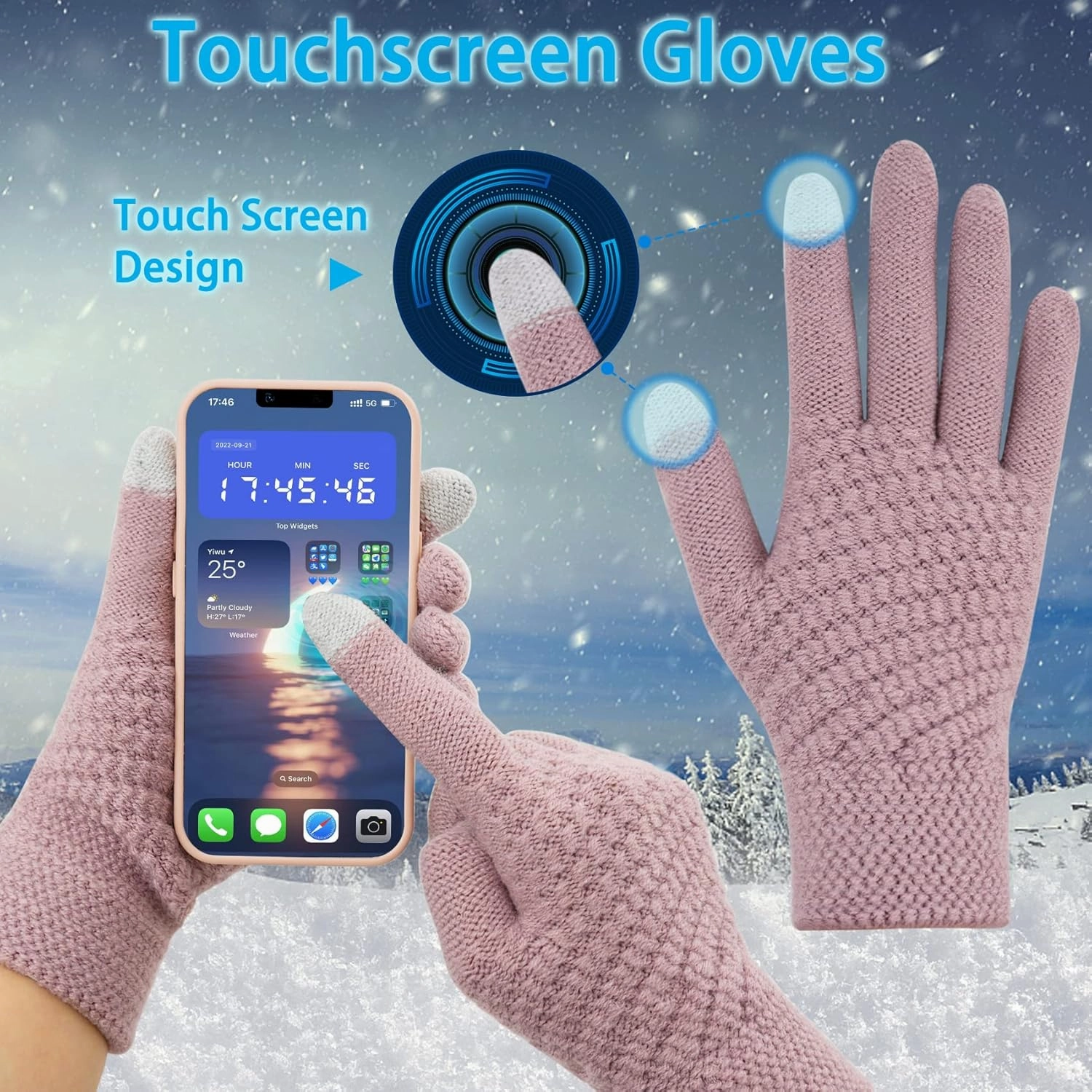 Double Couple 3pcs Winter Beanie Hat Scarf and Touch Screen Gloves Set for Women Knit Hat with Faux Fur Ball Scarves Glove