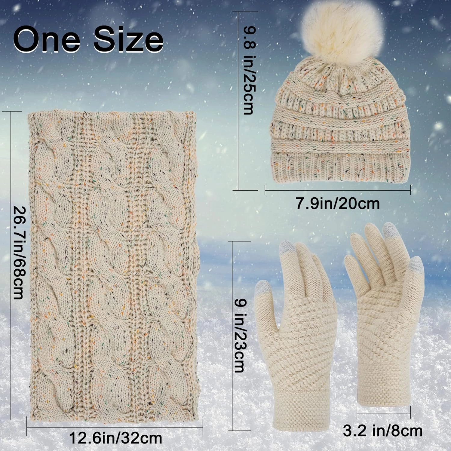 Double Couple 3pcs Winter Beanie Hat Scarf and Touch Screen Gloves Set for Women Knit Hat with Faux Fur Ball Scarves Glove
