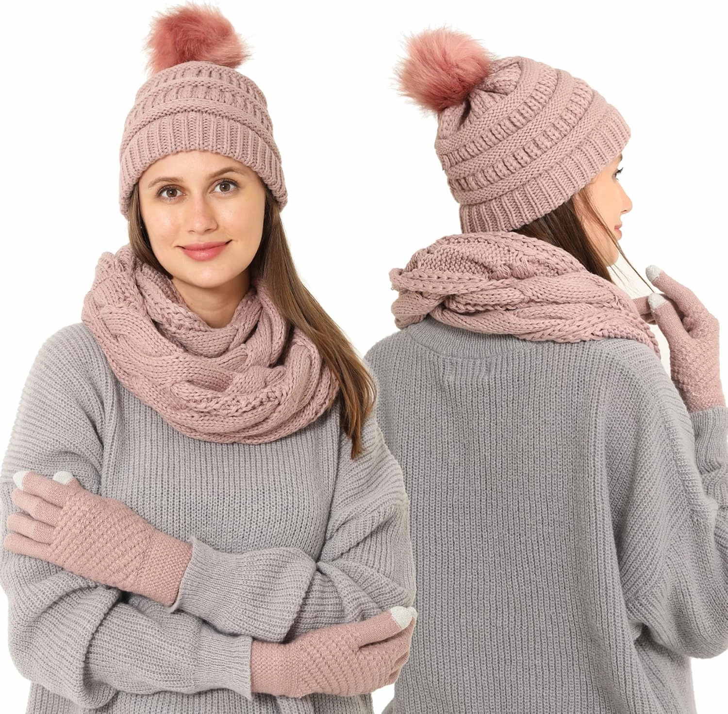 Double Couple 3pcs Winter Beanie Hat Scarf and Touch Screen Gloves Set for Women Knit Hat with Faux Fur Ball Scarves Glove
