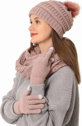 Double Couple 3pcs Winter Beanie Hat Scarf and Touch Screen Gloves Set for Women Knit Hat with Faux Fur Ball Scarves Glove