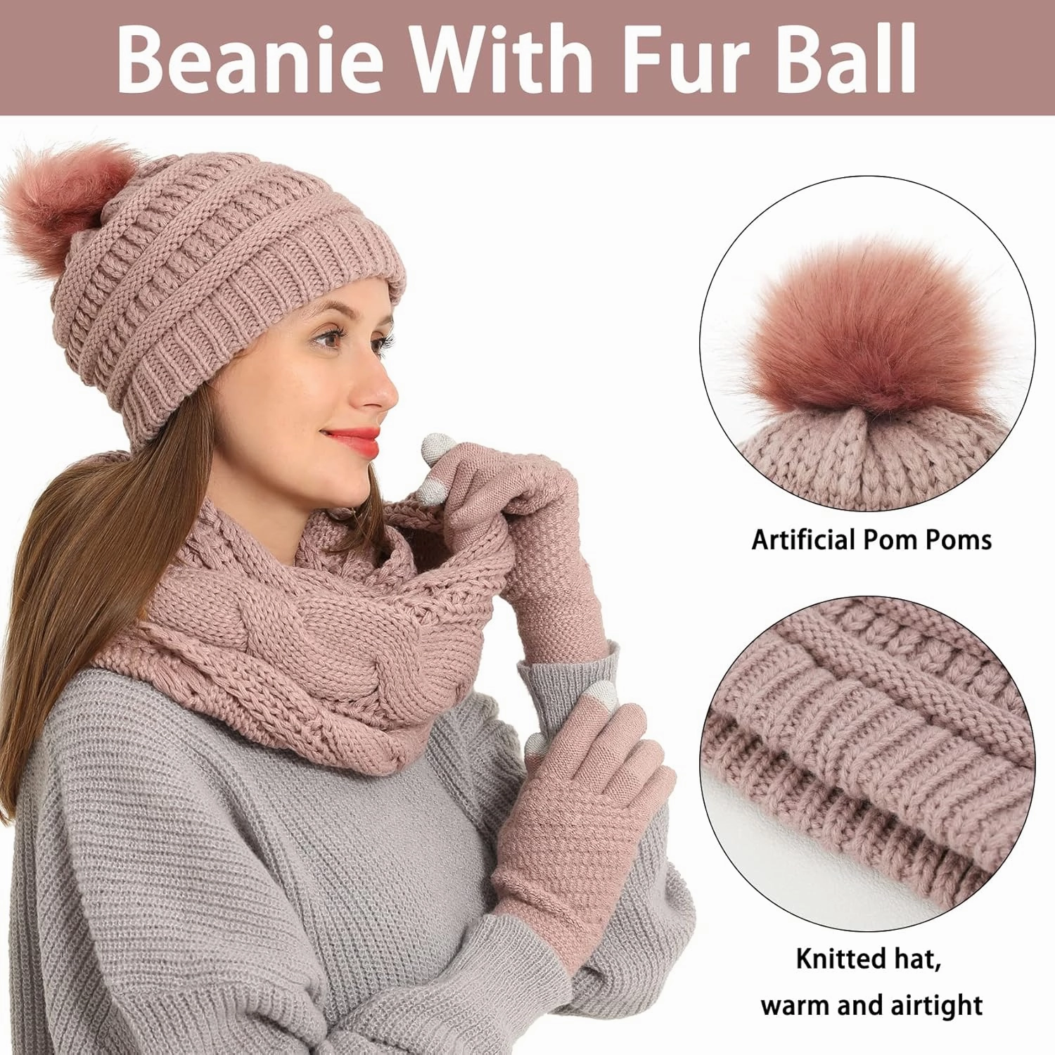 Double Couple 3pcs Winter Beanie Hat Scarf and Touch Screen Gloves Set for Women Knit Hat with Faux Fur Ball Scarves Glove