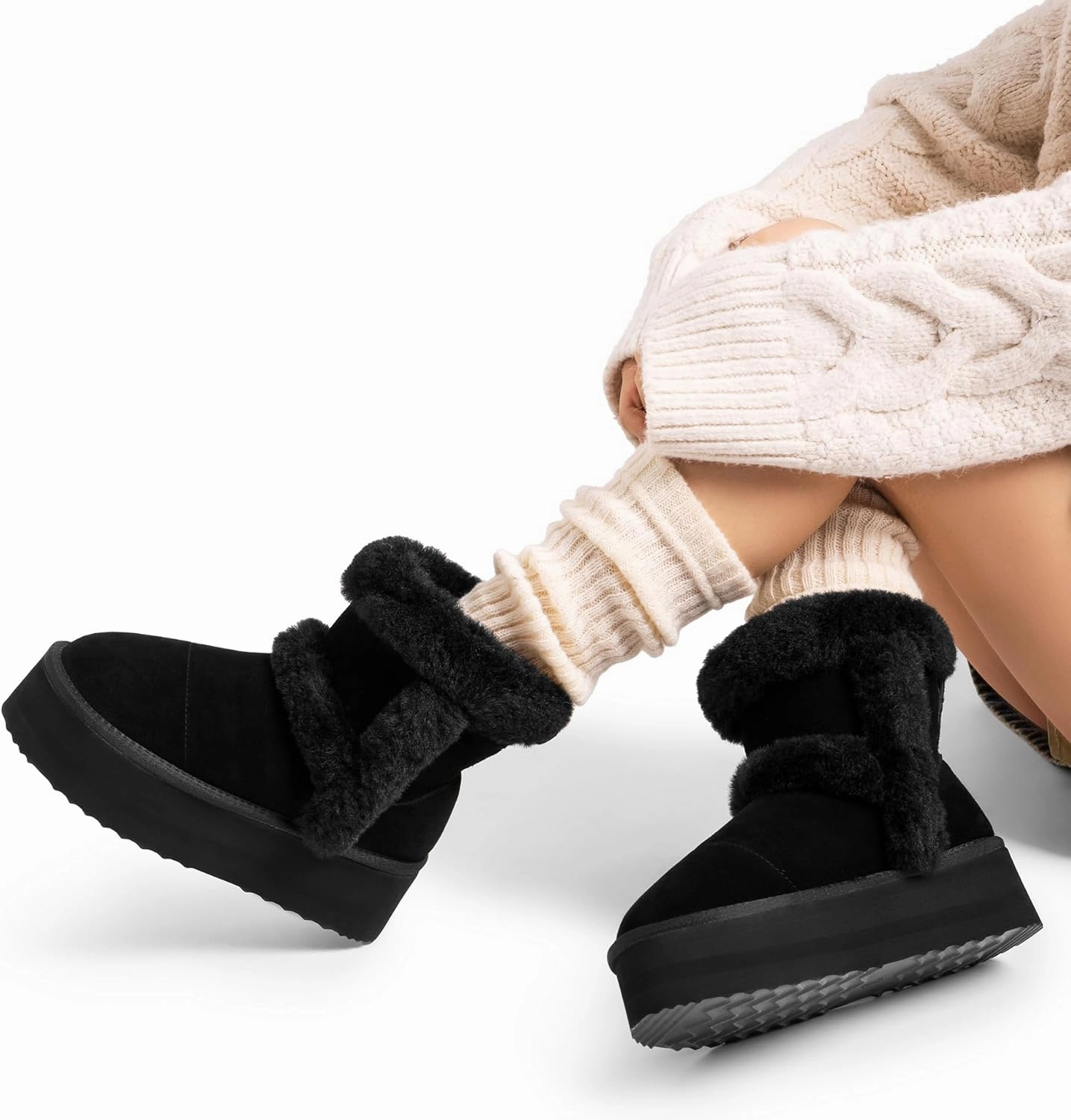 DREAM PAIRS Winter Platform Fur Boots for Women Genuine Suede Faux Fur Snow Booties Classic Warm Slip-On Memory Foam Comfort FuzzyChic Plush Platform Ankle Boots