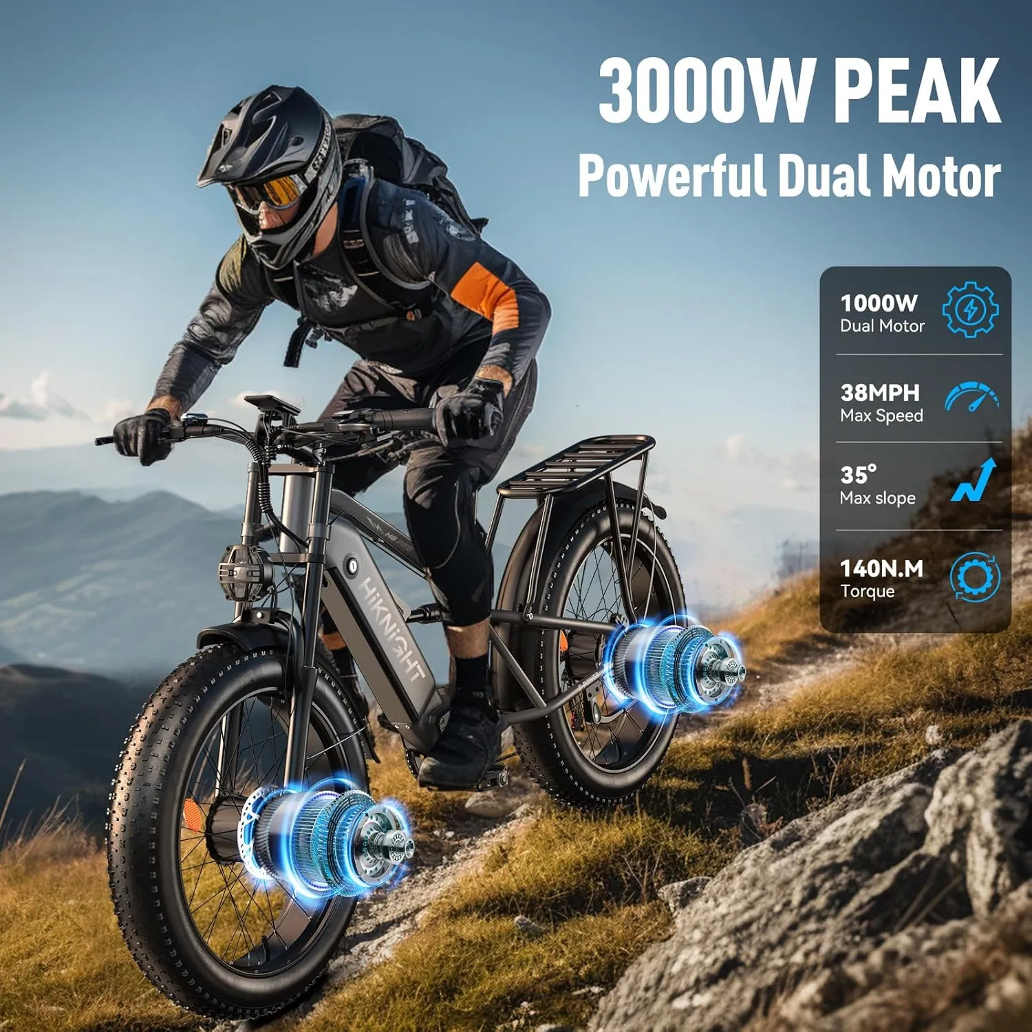 Dual Motor Electric Bike Peak 3000W, 52V 20AH Battery E Bike for Adults 26 Inch Fat Tire Mountain Electric Bicycle 38 MPH, Full Suspension Dual Hydraulic Disc Brake, Up to 90 Miles Range