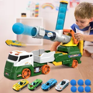 Dwi Dowellin Truck Toys for Kids, 28" Large Car Toys Include 4 Racing Cars 6 Ball, with Light & Sounds, Eejection&Shooting Transport Cars Toy, Gifts for Boys Girls-Green