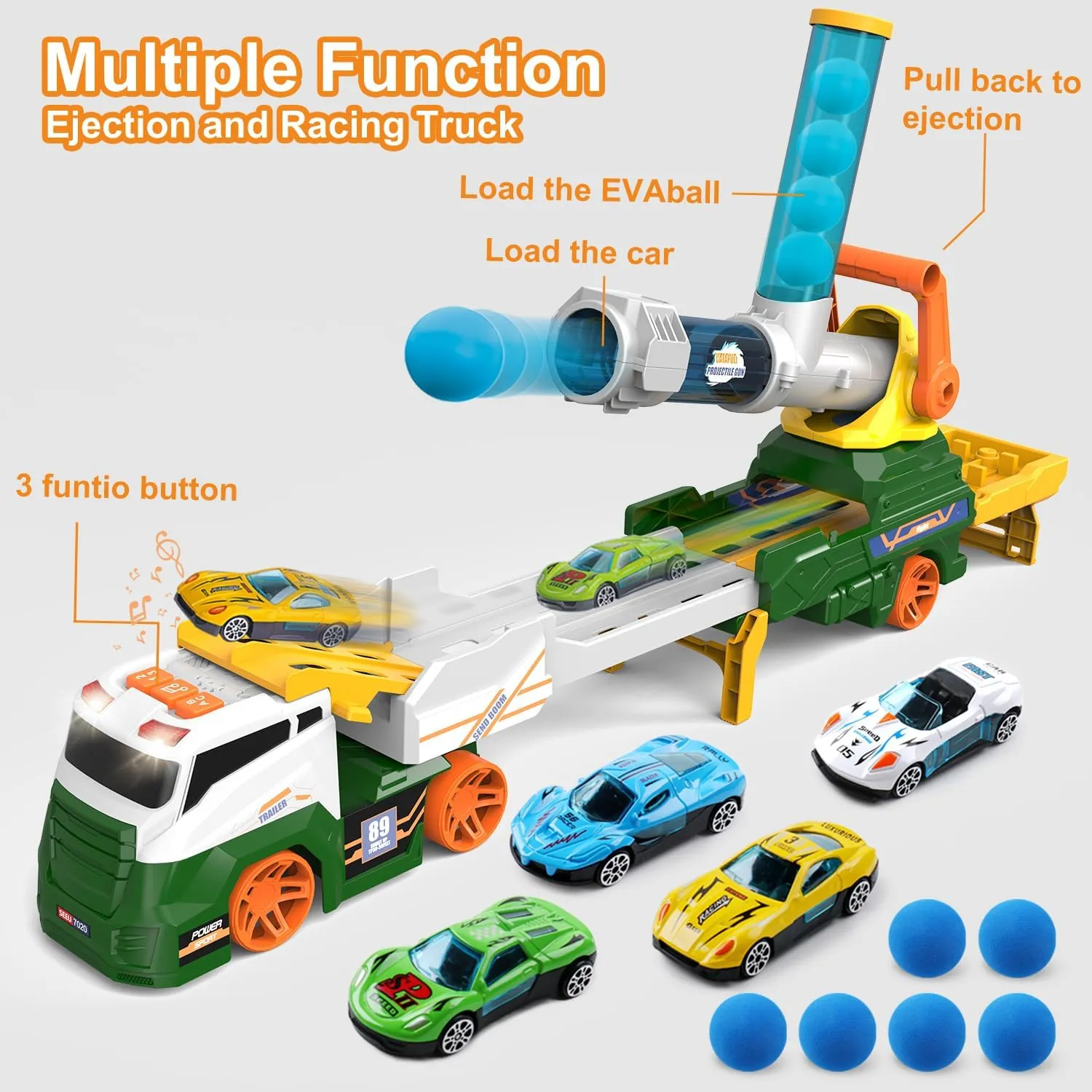 Dwi Dowellin Truck Toys for Kids, 28" Large Car Toys Include 4 Racing Cars 6 Ball, with Light & Sounds, Eejection&Shooting Transport Cars Toy, Gifts for Boys Girls-Green