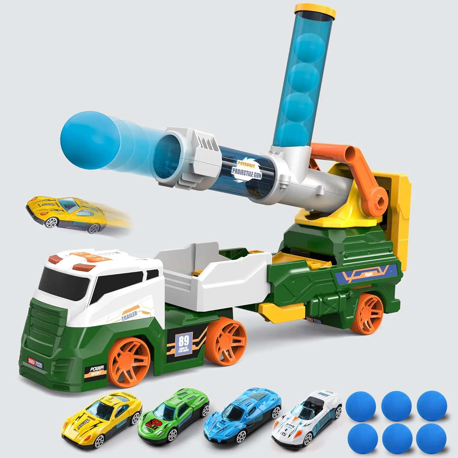 Dwi Dowellin Truck Toys for Kids, 28" Large Car Toys Include 4 Racing Cars 6 Ball, with Light & Sounds, Eejection&Shooting Transport Cars Toy, Gifts for Boys Girls-Green