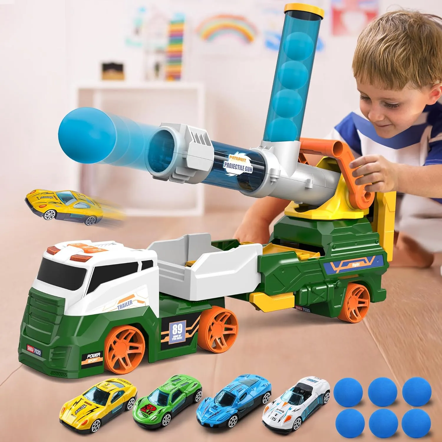 Dwi Dowellin Truck Toys for Kids, 28" Large Car Toys Include 4 Racing Cars 6 Ball, with Light & Sounds, Eejection&Shooting Transport Cars Toy, Gifts for Boys Girls-Green
