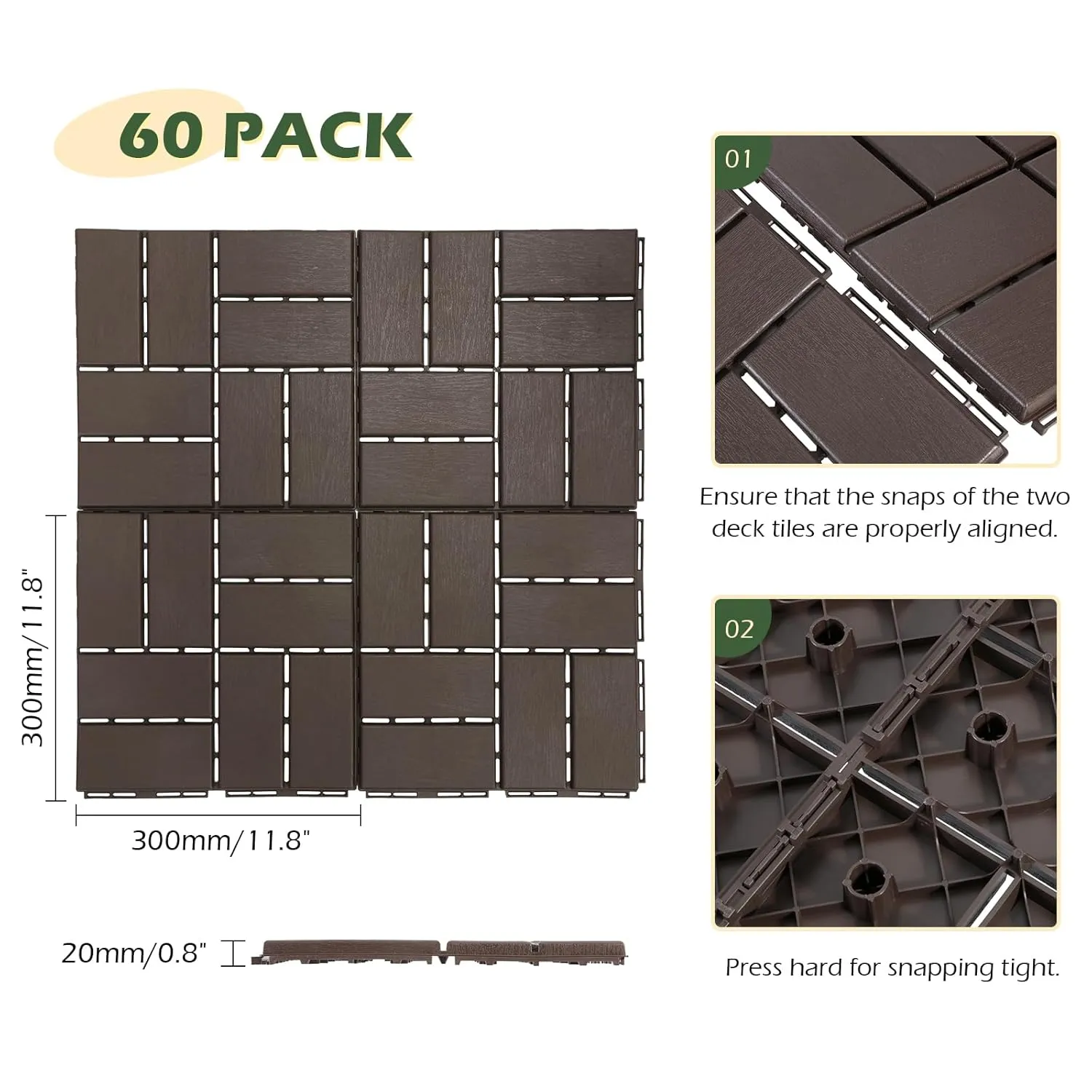Dyna-Living 60 sq. ft Plastic Interlocking Deck Tiles, 12"x12" Indoor Outdoor Waterproof Patio Flooring All Weather Use Patio Deck Tiles for Balcony, Backyard, Garden & Poolside, 60 Pack,Dark Brown