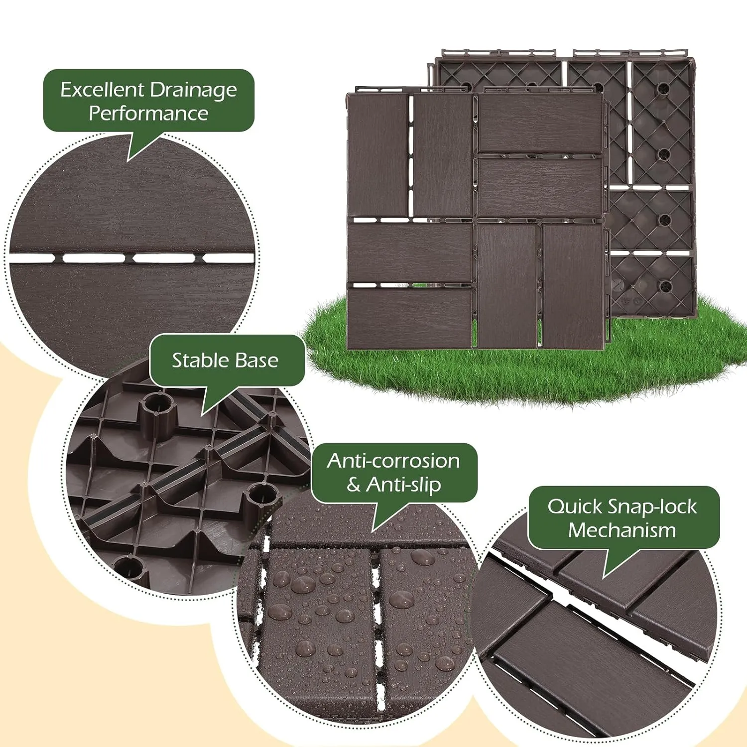 Dyna-Living 60 sq. ft Plastic Interlocking Deck Tiles, 12"x12" Indoor Outdoor Waterproof Patio Flooring All Weather Use Patio Deck Tiles for Balcony, Backyard, Garden & Poolside, 60 Pack,Dark Brown