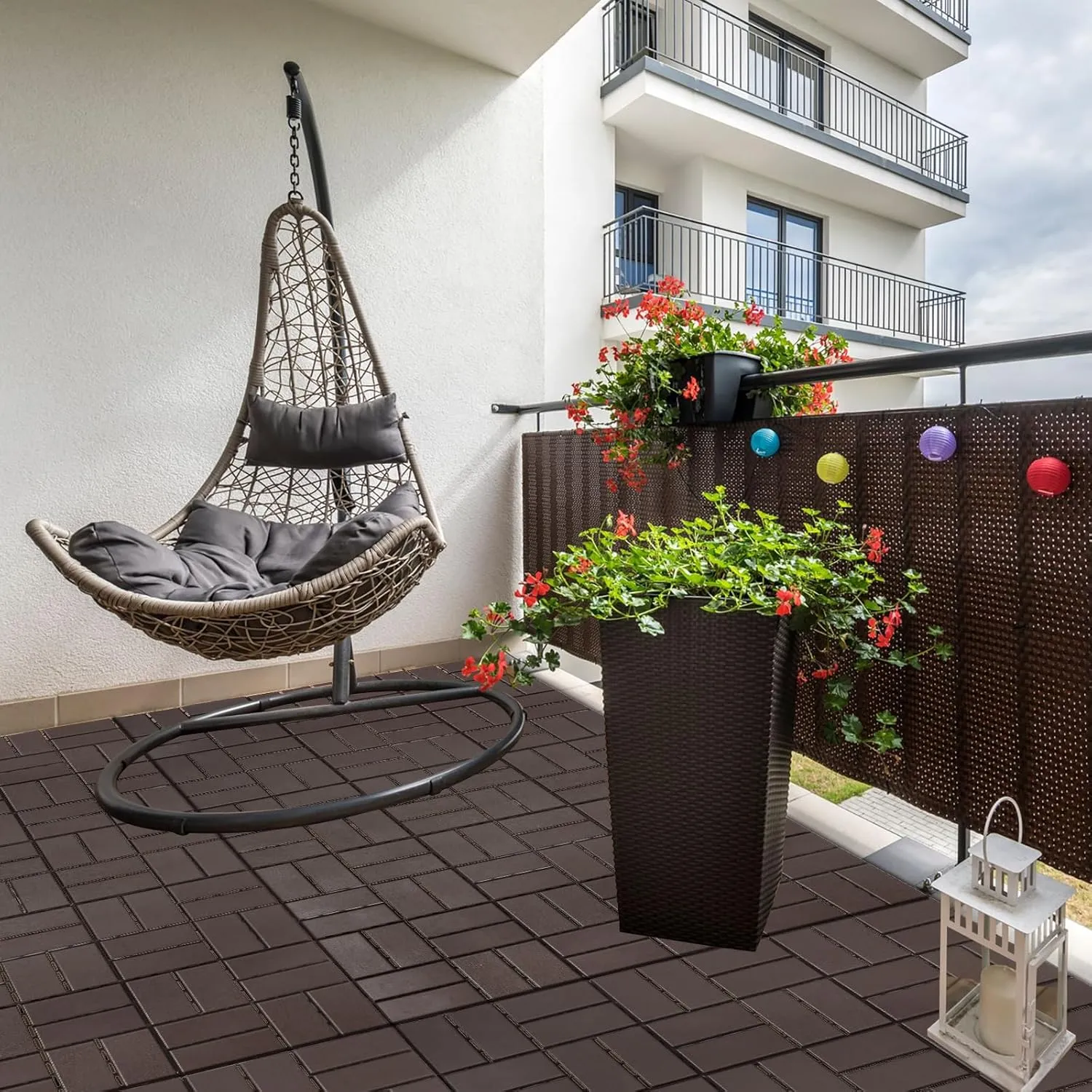 Dyna-Living 60 sq. ft Plastic Interlocking Deck Tiles, 12"x12" Indoor Outdoor Waterproof Patio Flooring All Weather Use Patio Deck Tiles for Balcony, Backyard, Garden & Poolside, 60 Pack,Dark Brown