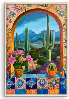 Eastern Print Mexican Cactus Wall Art Print, Mexico Nature Scenery and Tiles Poster, Colorful Rustic Southwestern Desert Art Botanical Cactus Prints Wall Decor for Bedroom Living Room (UNFRAMED)
