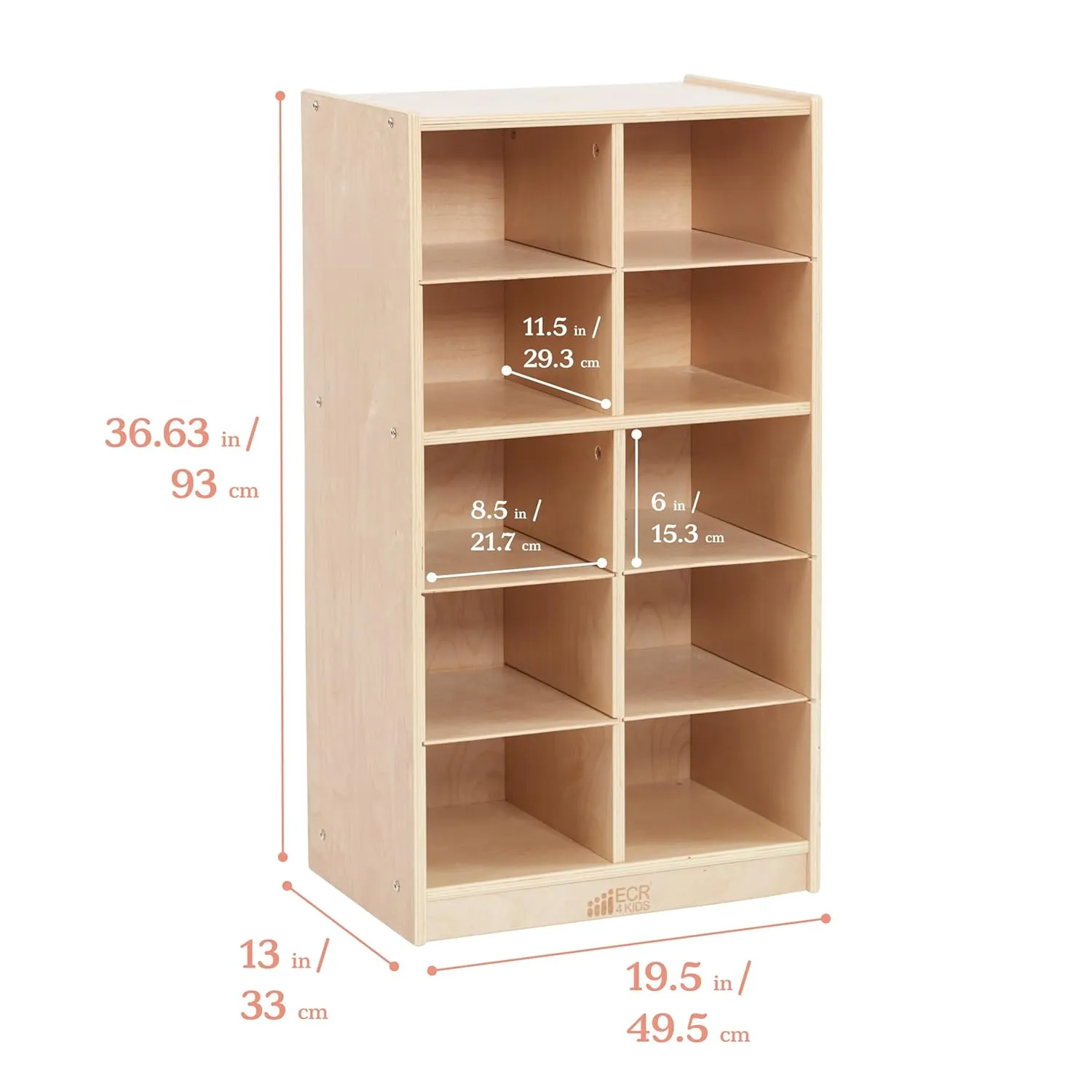 ECR4Kids 10 Cubby Mobile Tray Storage Cabinet, 5x2, Classroom Furniture, Natural