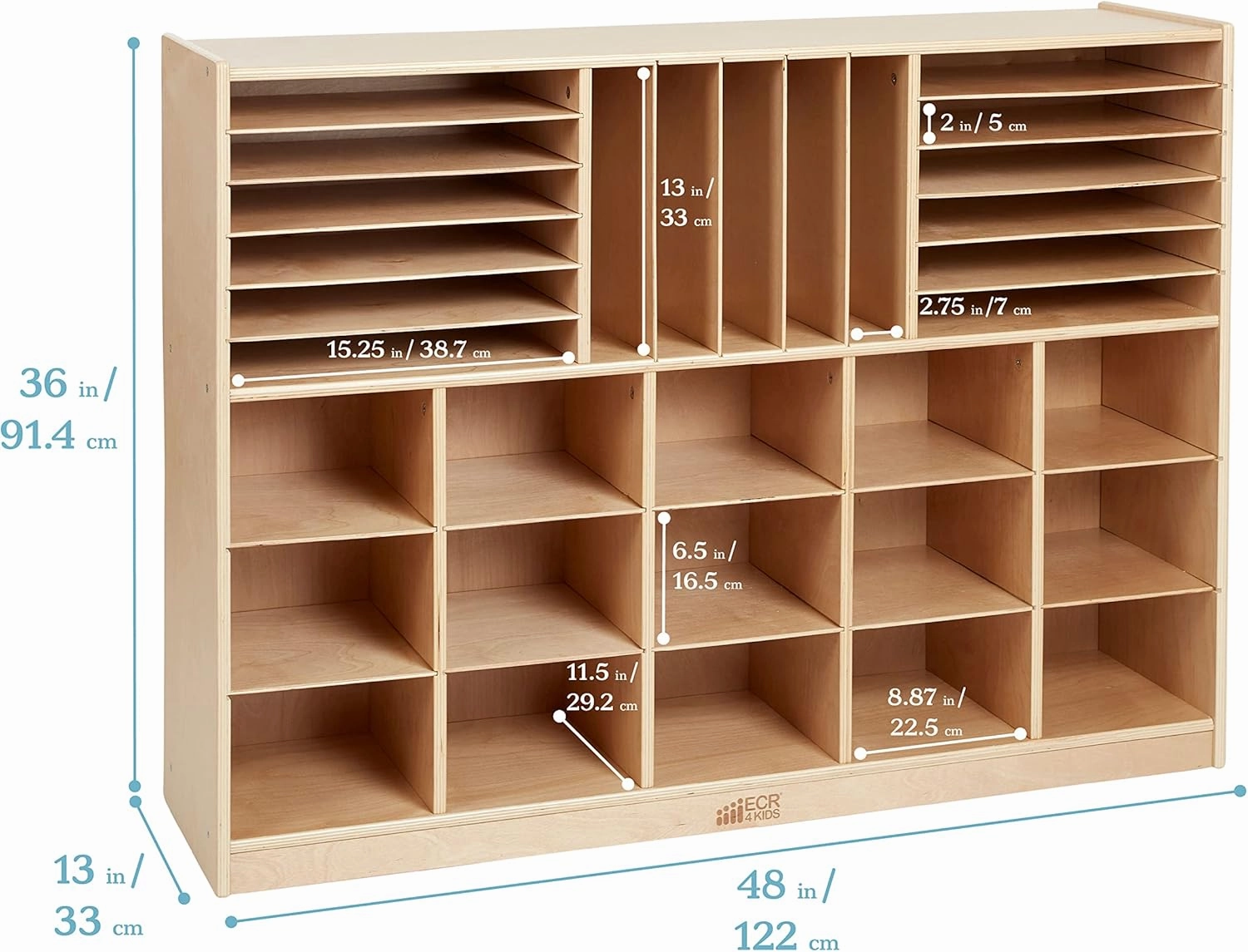ECR4Kids Multi-Section Mobile Cabinet with Scoop Front Storage Bins, Classroom Furniture, Assorted, 16-Piece