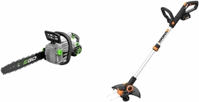 EGO 14" 56V Cordless Chain Saw with 2.5Ah Battery & Charger Bundle with Worx 20V 12" Cordless String Trimmer & Edger with 2 Batteries & Charger