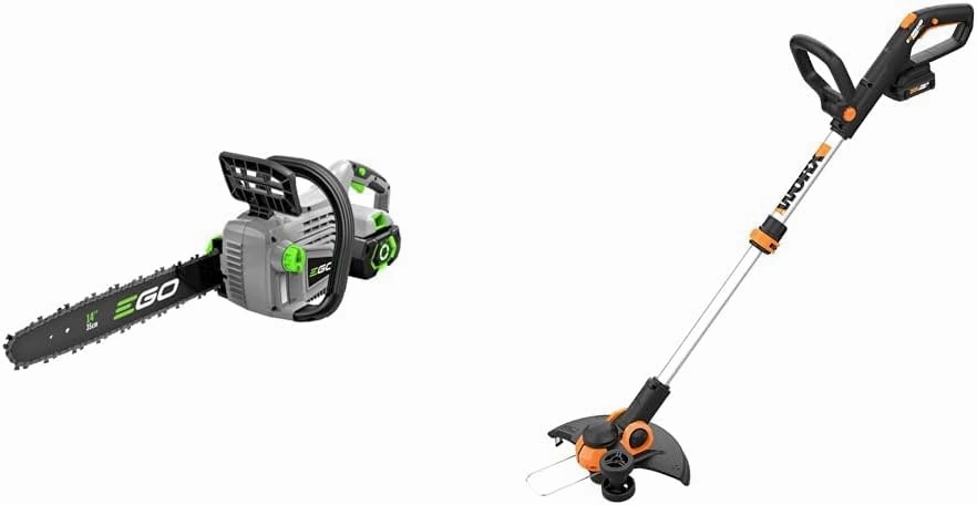 EGO 14" 56V Cordless Chain Saw with 2.5Ah Battery & Charger Bundle with Worx 20V 12" Cordless String Trimmer & Edger with 2 Batteries & Charger