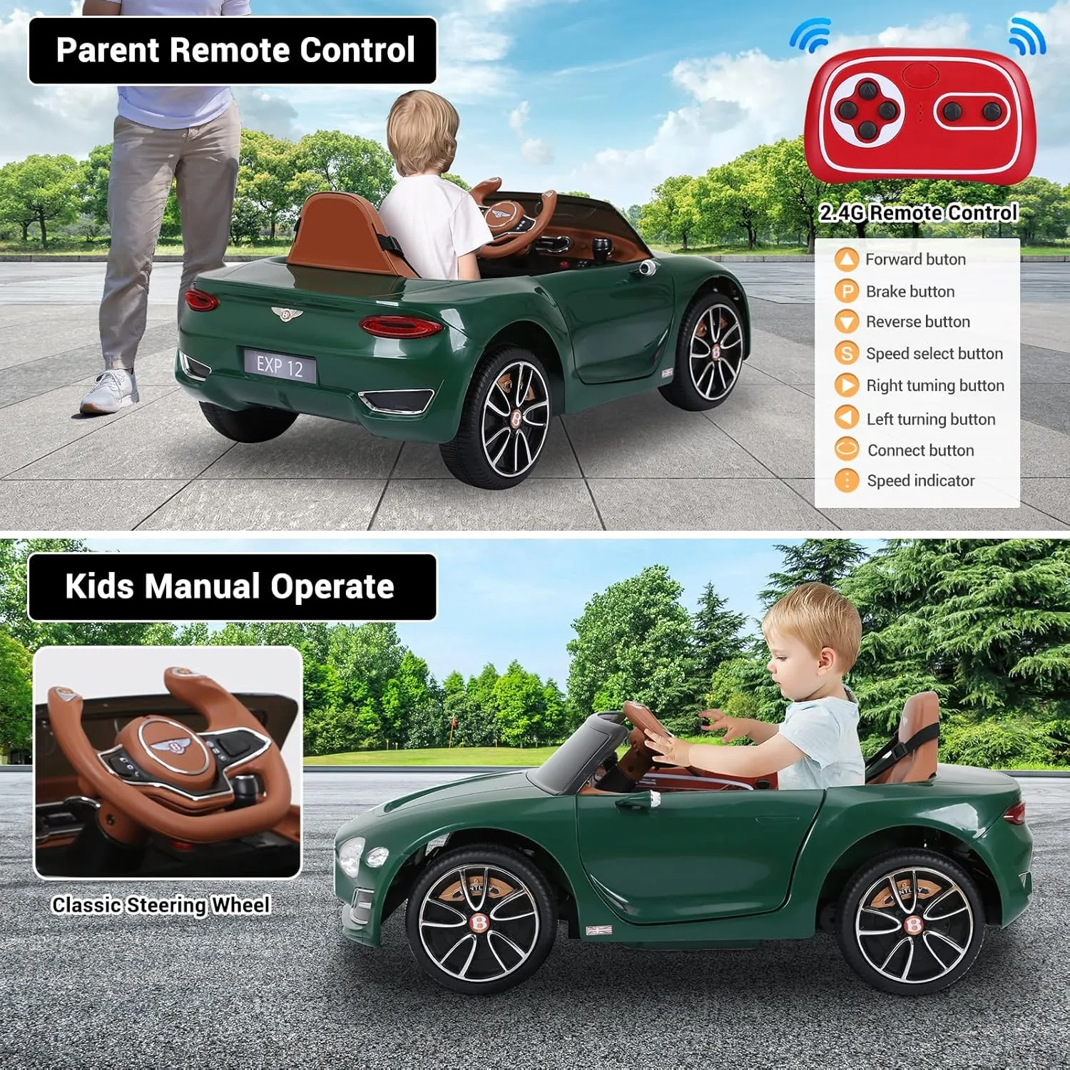 Electric Kids Ride On Cars Toy, 12V Battery Powered Licensed Bentley Vehicles with Parent Remote Control, Headlights, MP3, USB Port, Horn and Double Doors, for Boys and Girls