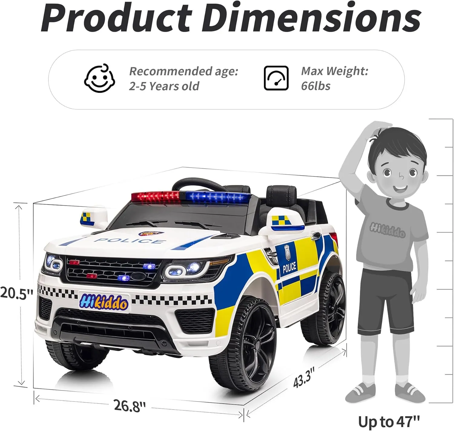 Electric Police Car for Kids, 24 Volt Kids Ride-on Toy Car with Remote Control, 400W Motor, 5mph Max Speed - White